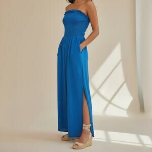 Cupshe Blue Strapless Split Leg Pocketed Cotton Jumpsuit Women's Size S NWT